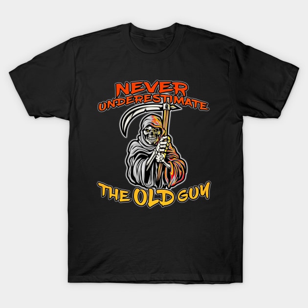 Never Underestimate The Old Guy Reaper Orange T-Shirt by Shawnsonart